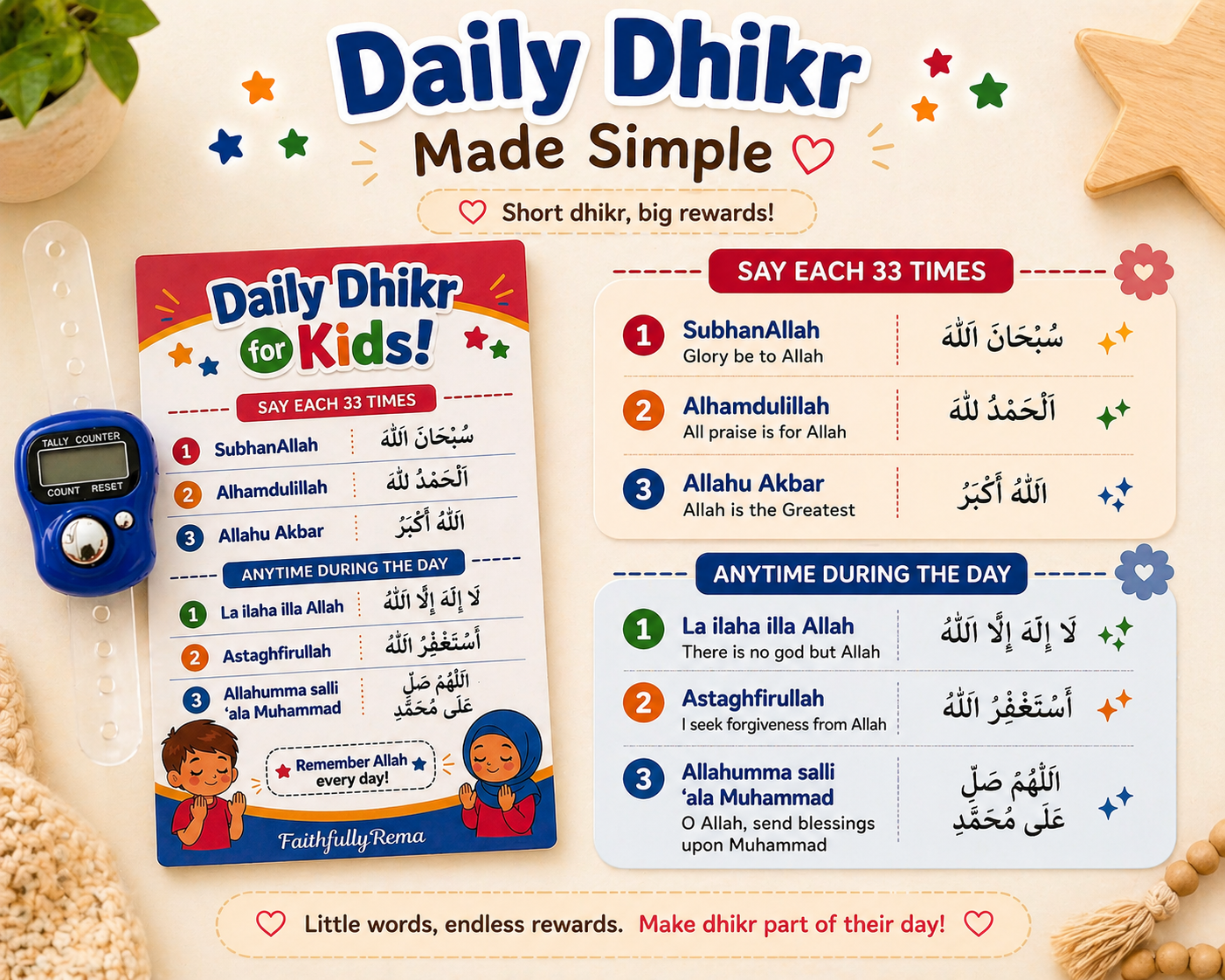 Daily Dhikr for Kids with Counter | Islamic Learning Toy | Kids Dhikr Chart | Muslim Gift for Children | Ramadan Gift | Islamic Educational (Copy)