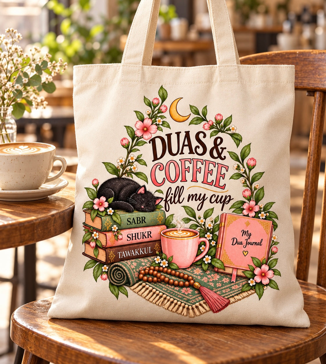 Duas and Coffee Tote Bag, Floral Islamic Bag, Muslim Gift, Cat and Book Lover Tote