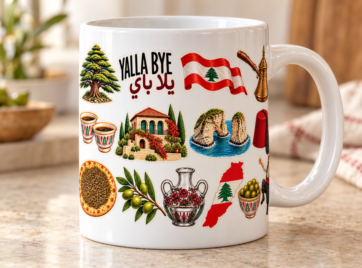 Lebanese Coffee Mug, Yalla Bye & Khalas Mug, Lebanon Heritage Cup, Arabic Coffee Lover