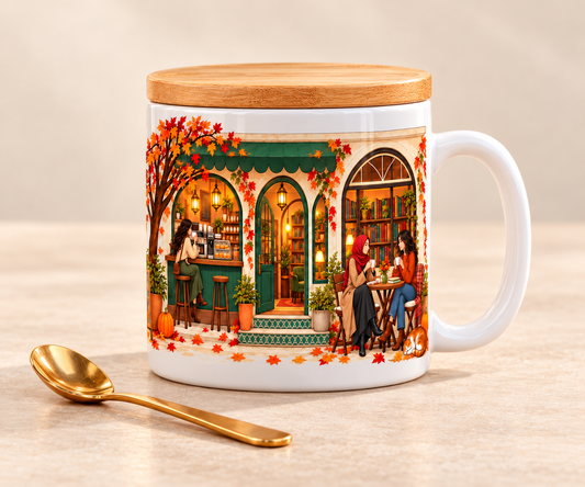 Autumn Café Mug with Lid and Gold Spoon, 11 oz Cozy Coffee Cup, Fall Book Lover Gift