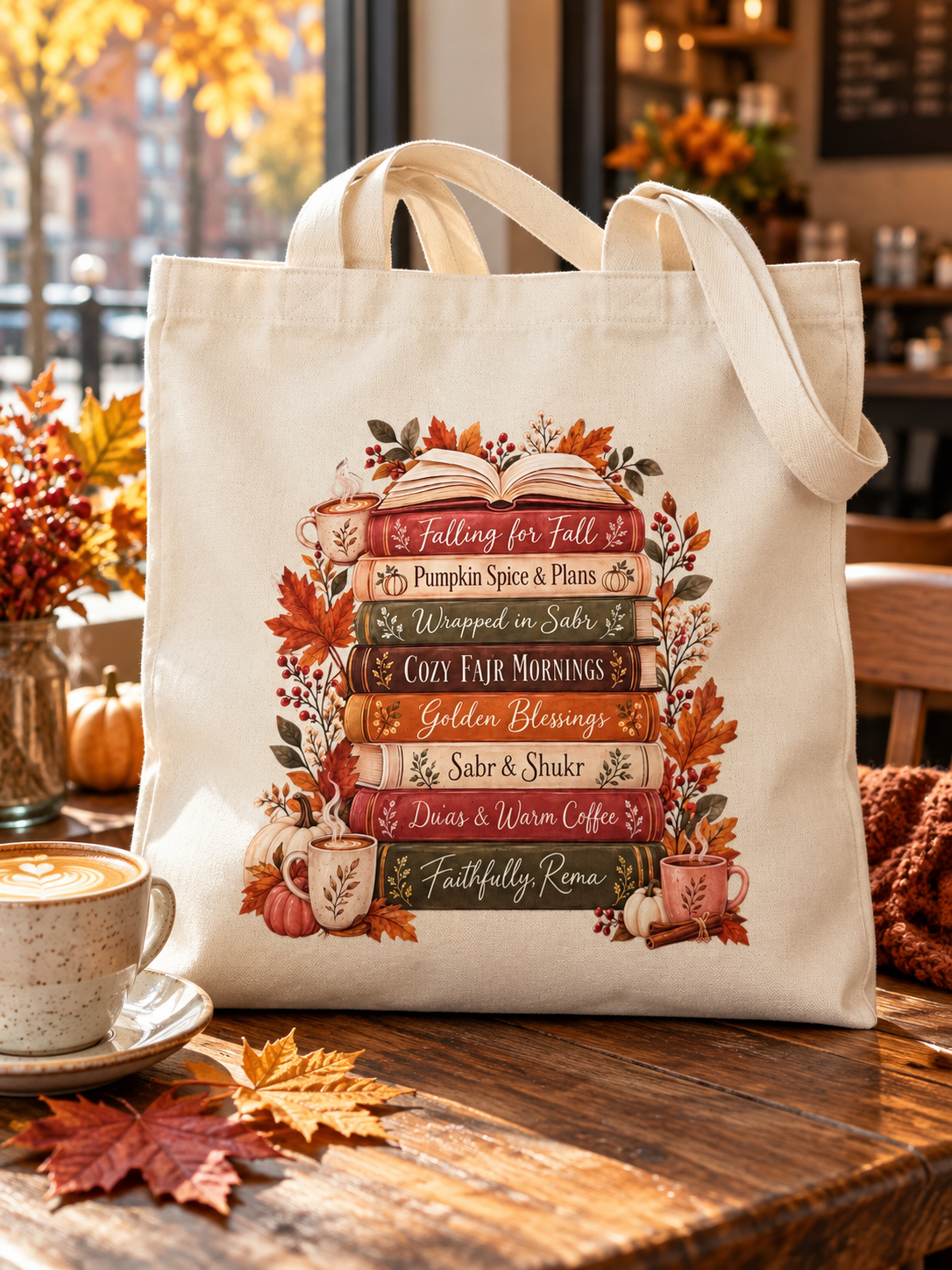 Islamic Fall Tote Bag, Muslim Book Lover Gift, Autumn Reading Bag, Coffee and Duas Canvas Tote, Sabr and Shukr Gift for Her
