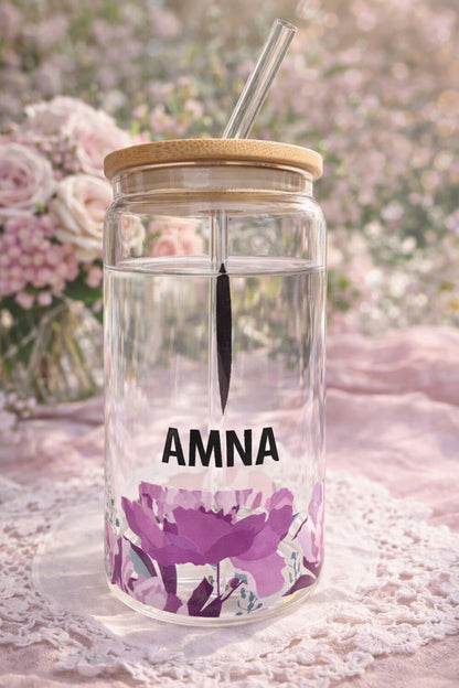 Personalized Glass Iced Coffee Cup with Name, Arabic Name Tumbler
