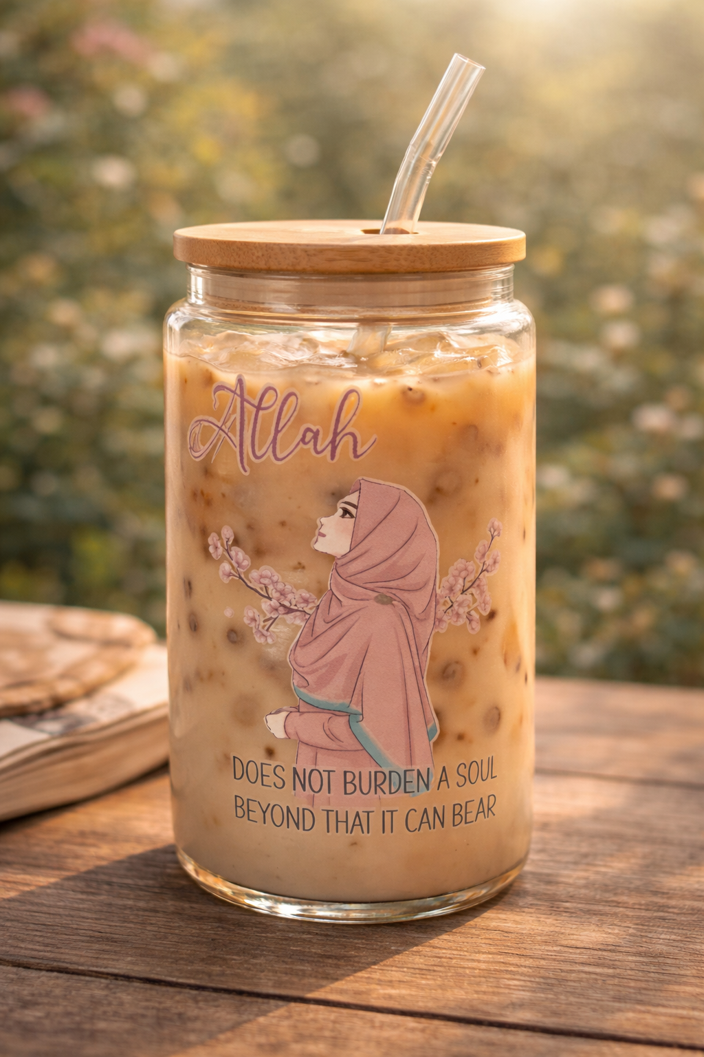 Islamic Glass Tumbler with Bamboo Lid & Glass Straw - Allah Does Not Burden A Soul