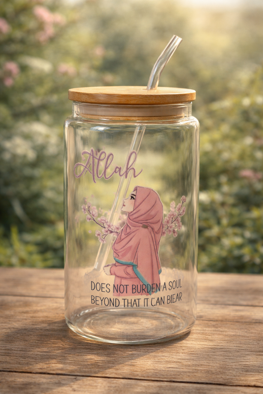 Islamic Glass Tumbler with Bamboo Lid & Glass Straw - Allah Does Not Burden A Soul