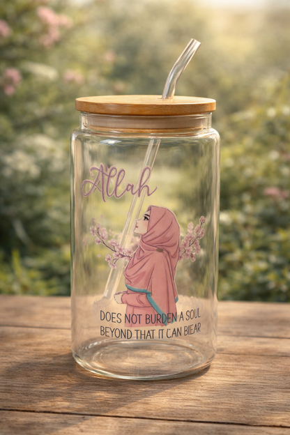 Islamic Glass Tumbler with Bamboo Lid & Glass Straw - Allah Does Not Burden A Soul