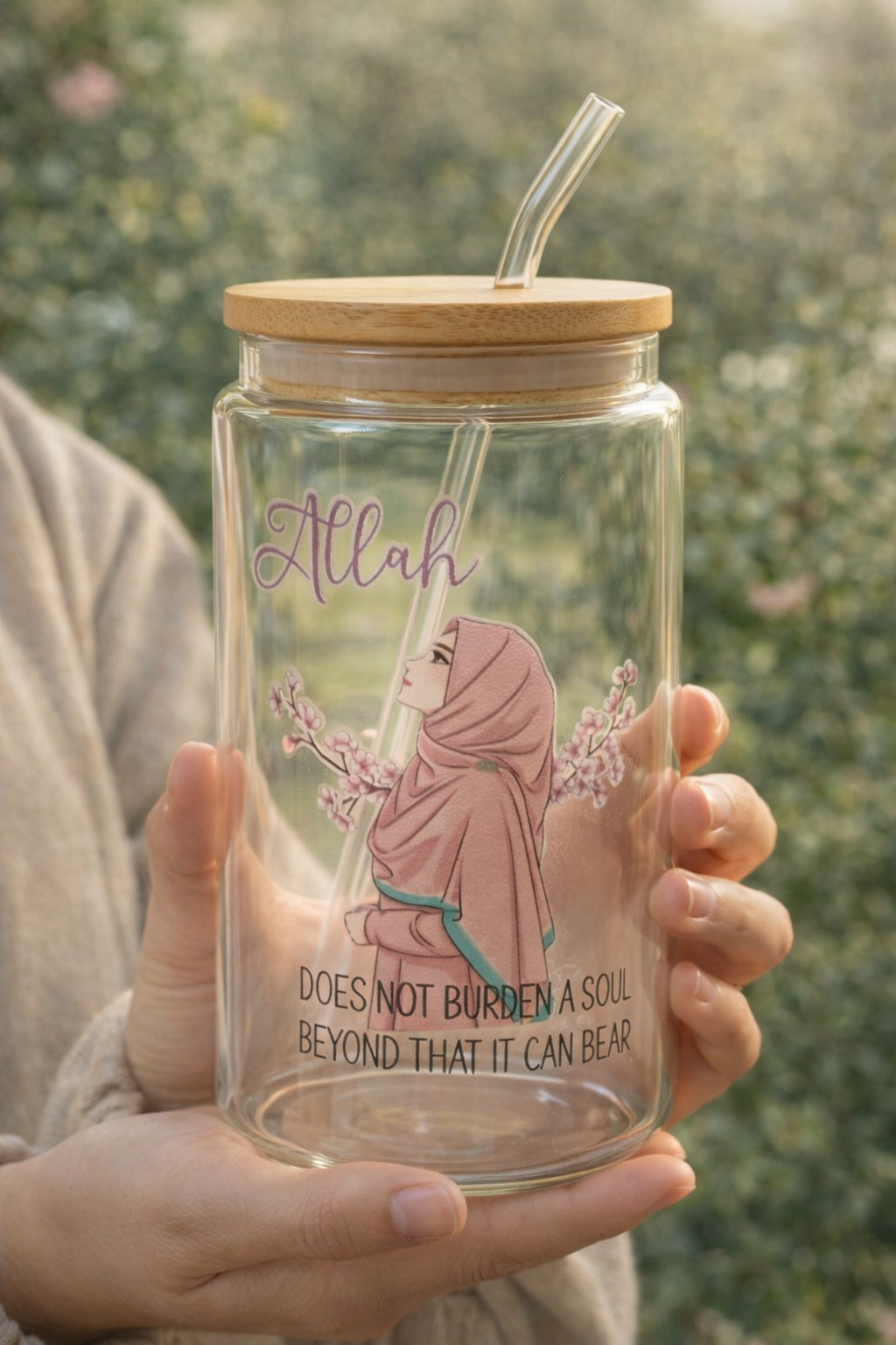 Islamic Glass Tumbler with Bamboo Lid & Glass Straw - Allah Does Not Burden A Soul