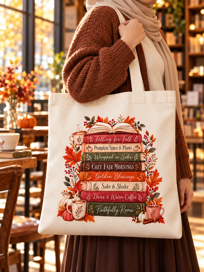 Islamic Fall Tote Bag, Muslim Book Lover Gift, Autumn Reading Bag, Coffee and Duas Canvas Tote, Sabr and Shukr Gift for Her