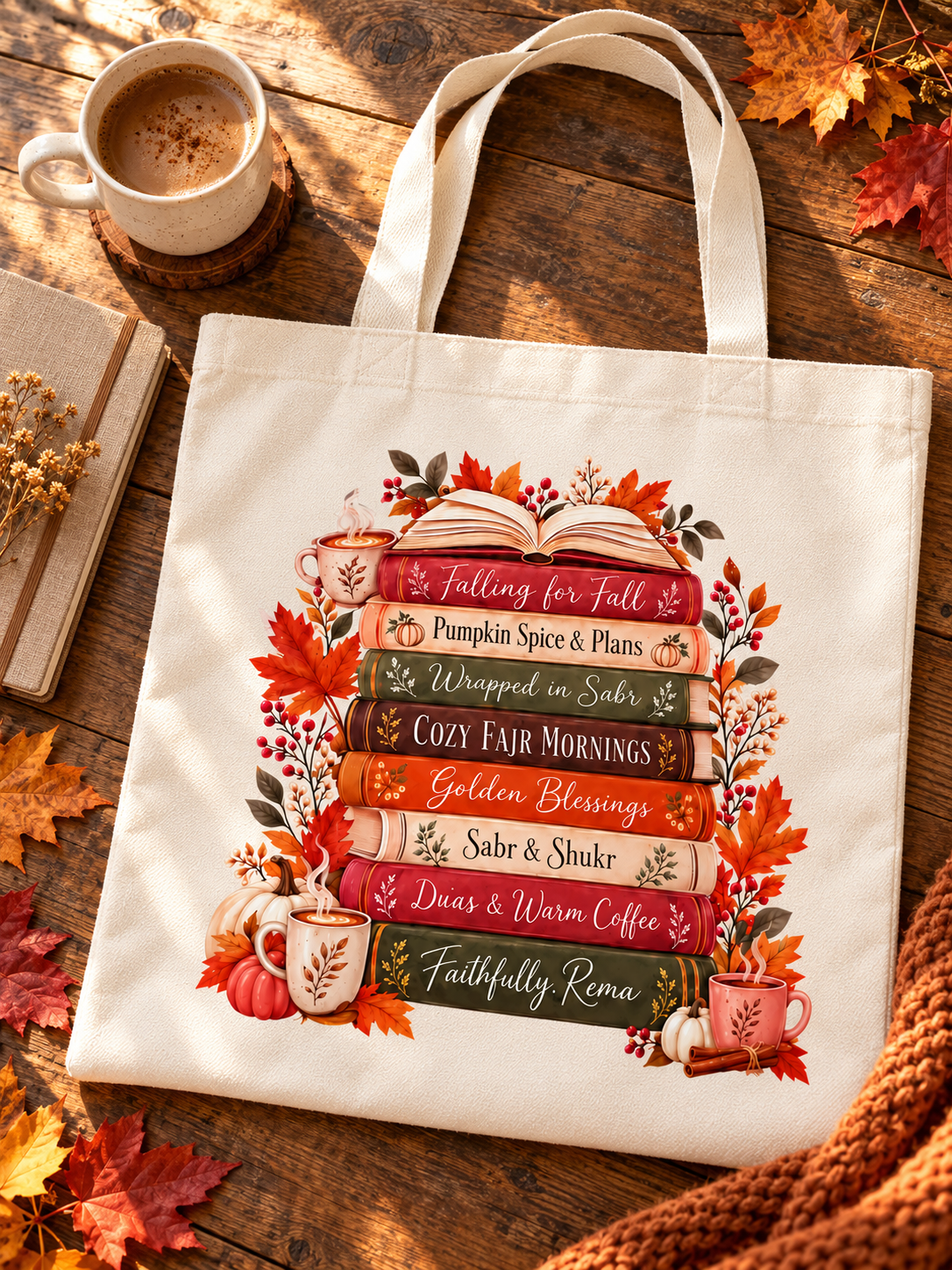 Islamic Fall Tote Bag, Muslim Book Lover Gift, Autumn Reading Bag, Coffee and Duas Canvas Tote, Sabr and Shukr Gift for Her