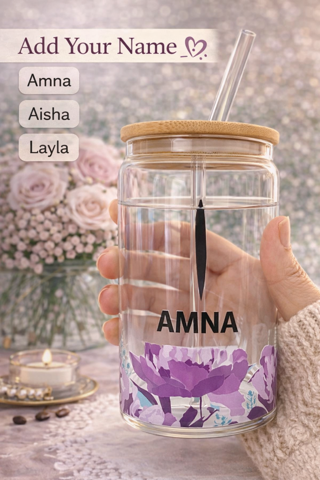 Personalized Glass Iced Coffee Cup with Name, Arabic Name Tumbler