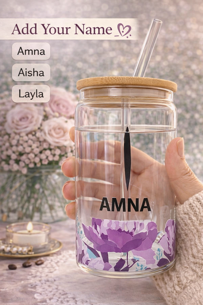 Personalized Glass Iced Coffee Cup with Name, Arabic Name Tumbler