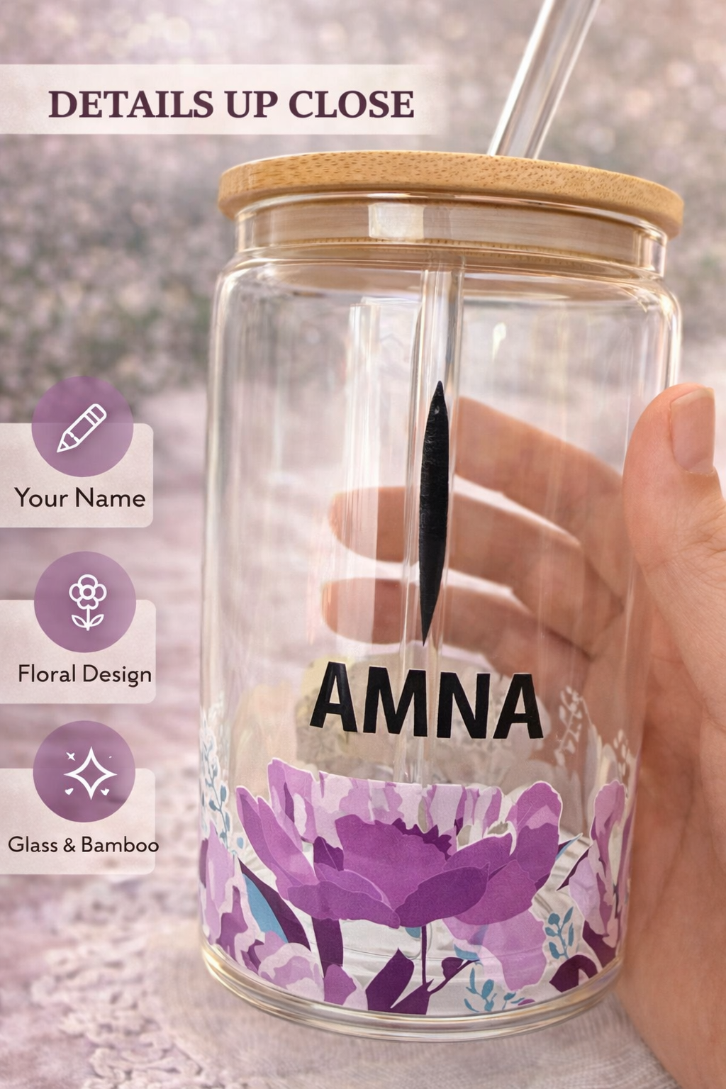 Personalized Glass Iced Coffee Cup with Name, Arabic Name Tumbler