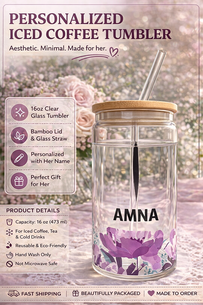 Personalized Glass Iced Coffee Cup with Name, Arabic Name Tumbler