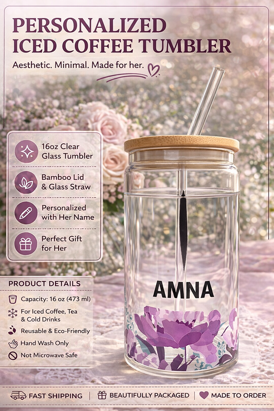 Personalized Glass Iced Coffee Cup with Name, Arabic Name Tumbler