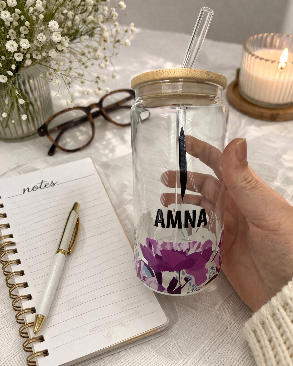 Personalized Glass Iced Coffee Cup with Name, Arabic Name Tumbler