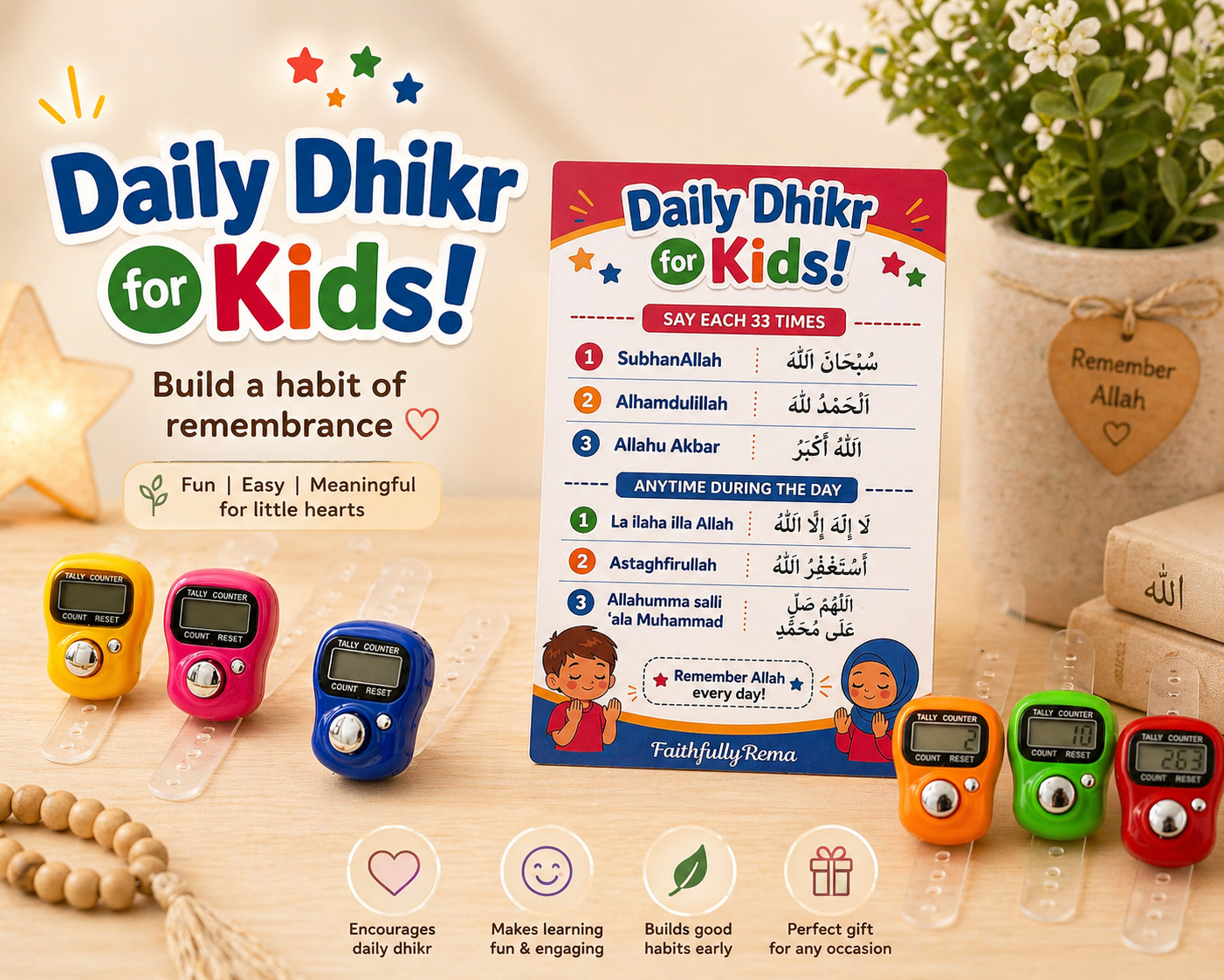 Daily Dhikr for Kids with Counter | Islamic Learning Toy | Kids Dhikr Chart | Muslim Gift for Children | Ramadan Gift | Islamic Educational (Copy)
