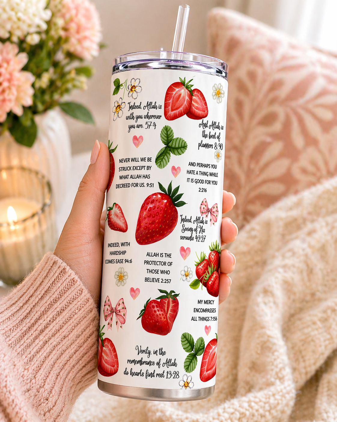 Strawberry or Sunflower Quran verse 20oz Skinny Tumbler