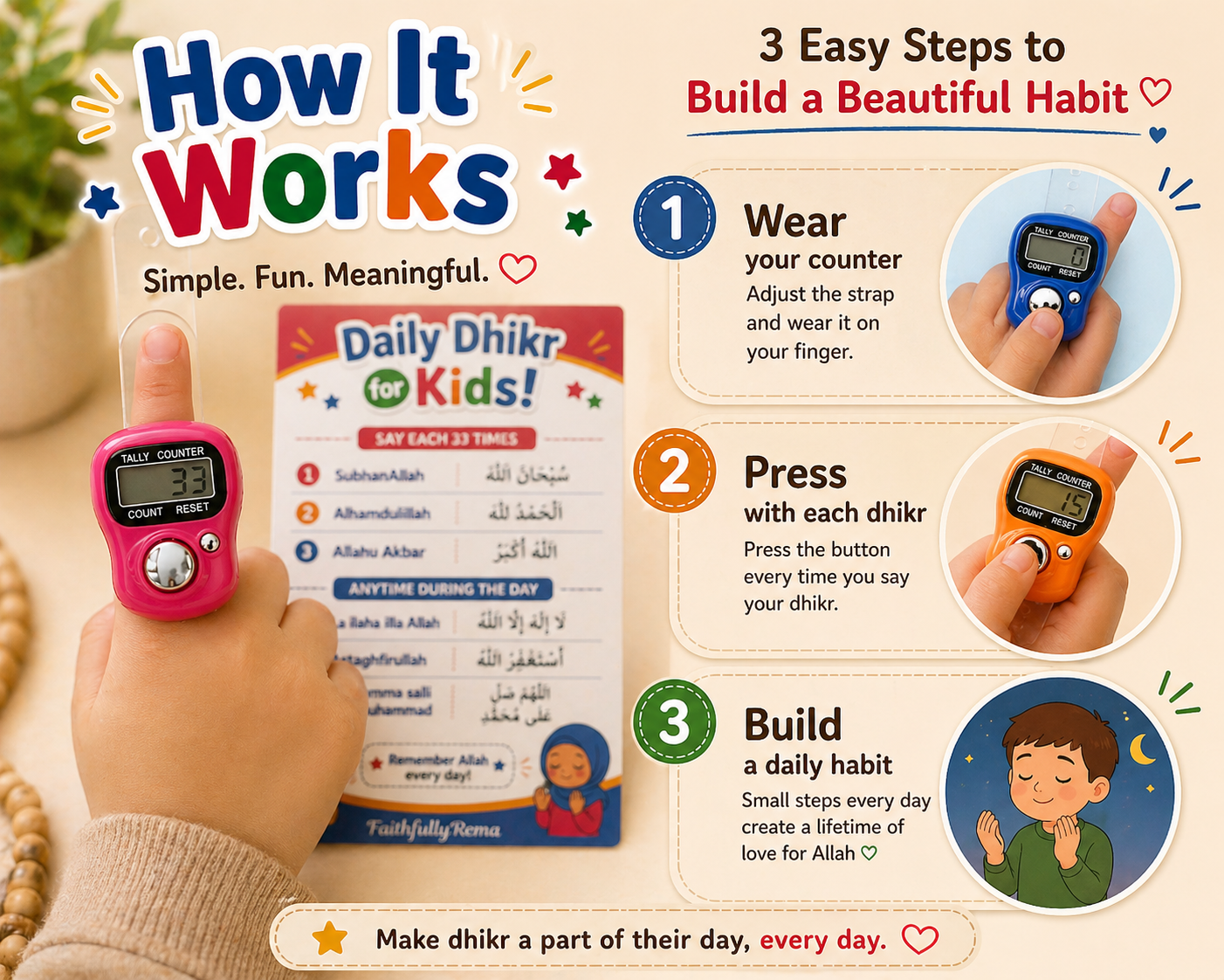 Daily Dhikr for Kids with Counter | Islamic Learning Toy | Kids Dhikr Chart | Muslim Gift for Children | Ramadan Gift | Islamic Educational (Copy)