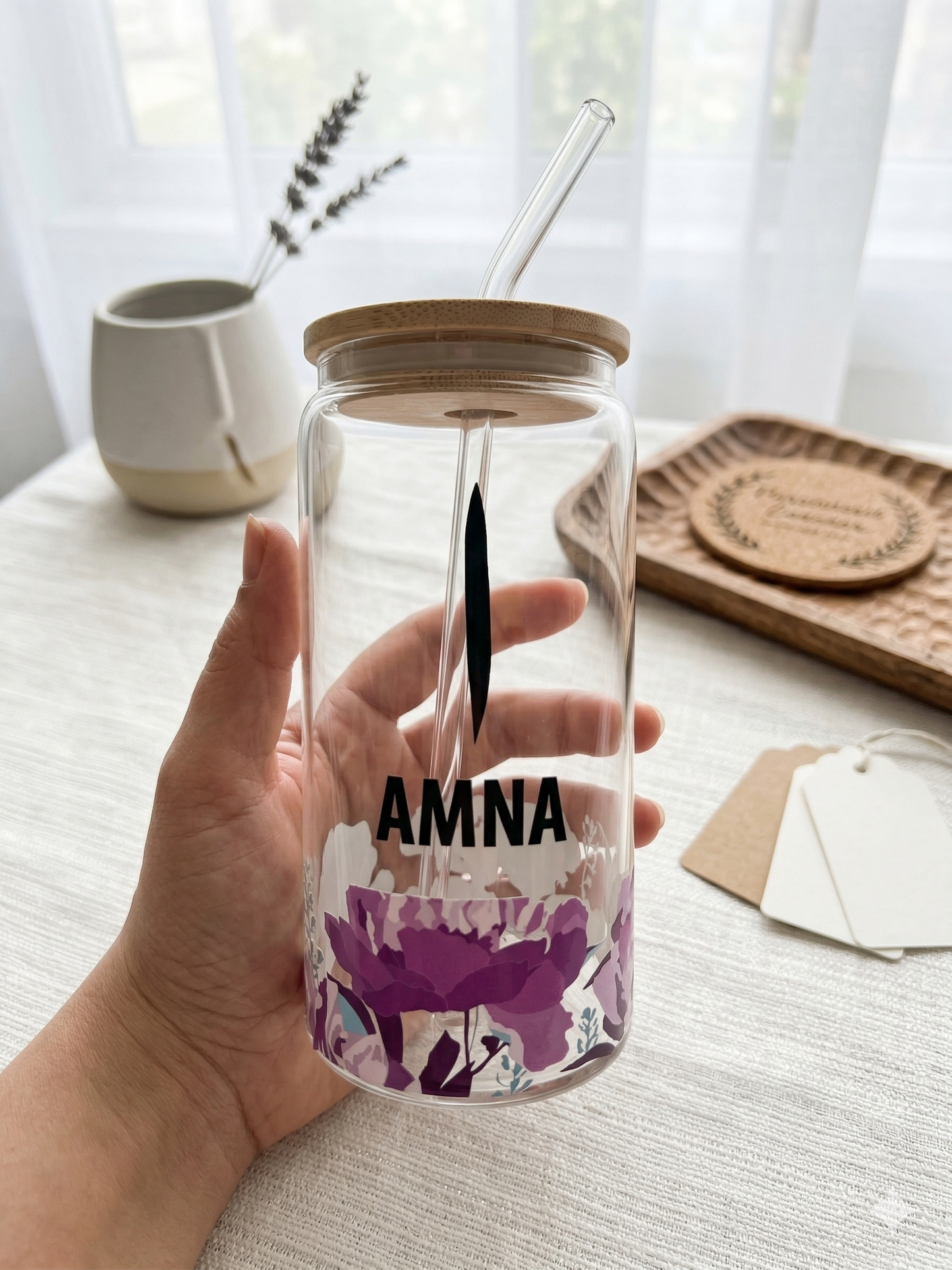 Personalized Glass Iced Coffee Cup with Name, Arabic Name Tumbler