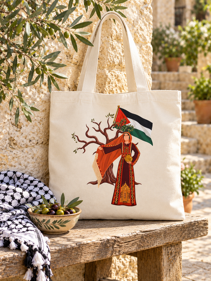 Palestinian Tote Bag, Palestine Flag Canvas Tote, Olive Tree Art, Palestinian Heritage Gift, Keffiyeh Style Shopper Bag