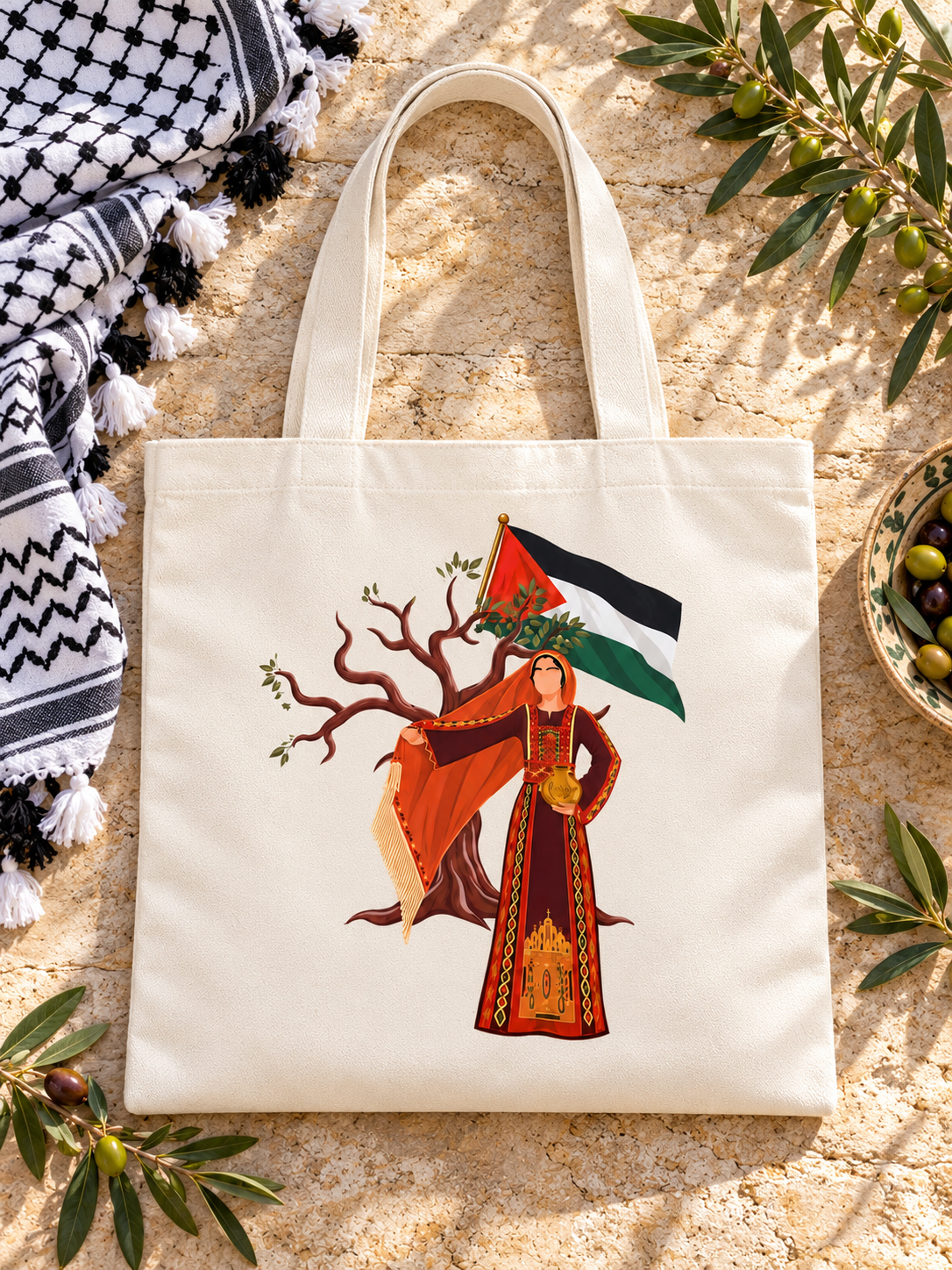 Palestinian Tote Bag, Palestine Flag Canvas Tote, Olive Tree Art, Palestinian Heritage Gift, Keffiyeh Style Shopper Bag