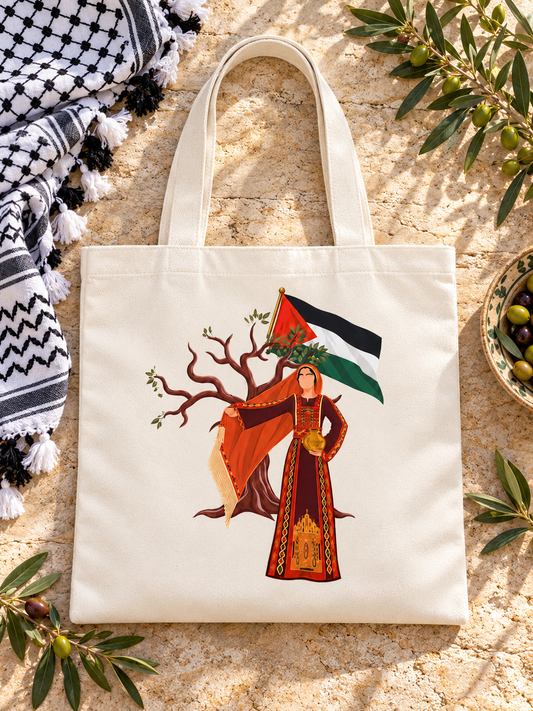 Palestinian Tote Bag, Palestine Flag Canvas Tote, Olive Tree Art, Palestinian Heritage Gift, Keffiyeh Style Shopper Bag