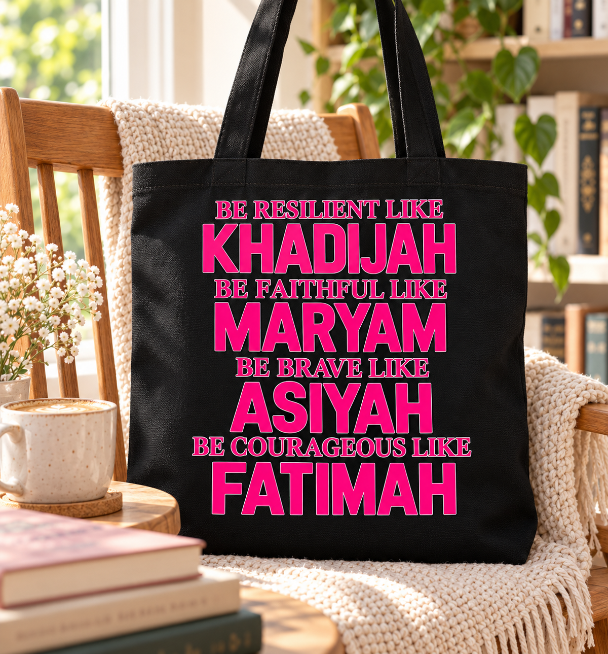 Muslim Women Tote Bag, Pink Islamic Inspirational Canvas Tote, Khadijah Maryam Asiyah Fatimah Gift, Black Book Bag