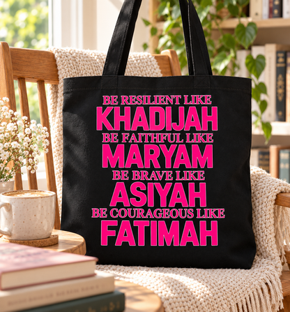 Muslim Women Tote Bag, Pink Islamic Inspirational Canvas Tote, Khadijah Maryam Asiyah Fatimah Gift, Black Book Bag