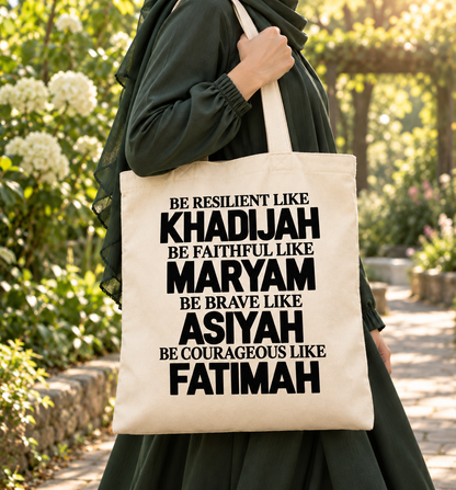 Muslim Women Tote Bag, Pink Islamic Inspirational Canvas Tote, Khadijah Maryam Asiyah Fatimah Gift, Black Book Bag
