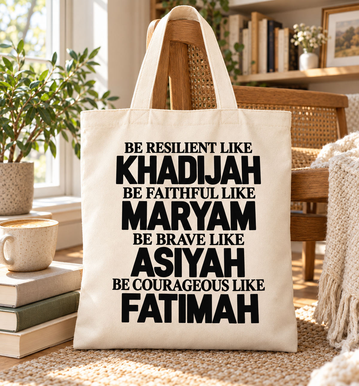 Muslim Women Tote Bag, Pink Islamic Inspirational Canvas Tote, Khadijah Maryam Asiyah Fatimah Gift, Black Book Bag