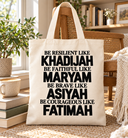 Muslim Women Tote Bag, Pink Islamic Inspirational Canvas Tote, Khadijah Maryam Asiyah Fatimah Gift, Black Book Bag