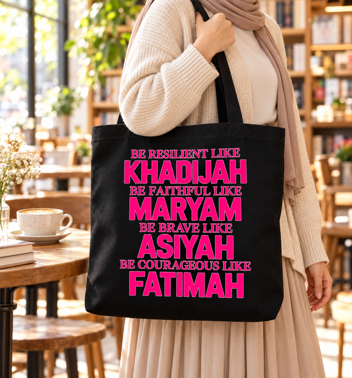Muslim Women Tote Bag, Pink Islamic Inspirational Canvas Tote, Khadijah Maryam Asiyah Fatimah Gift, Black Book Bag
