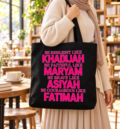 Muslim Women Tote Bag, Pink Islamic Inspirational Canvas Tote, Khadijah Maryam Asiyah Fatimah Gift, Black Book Bag