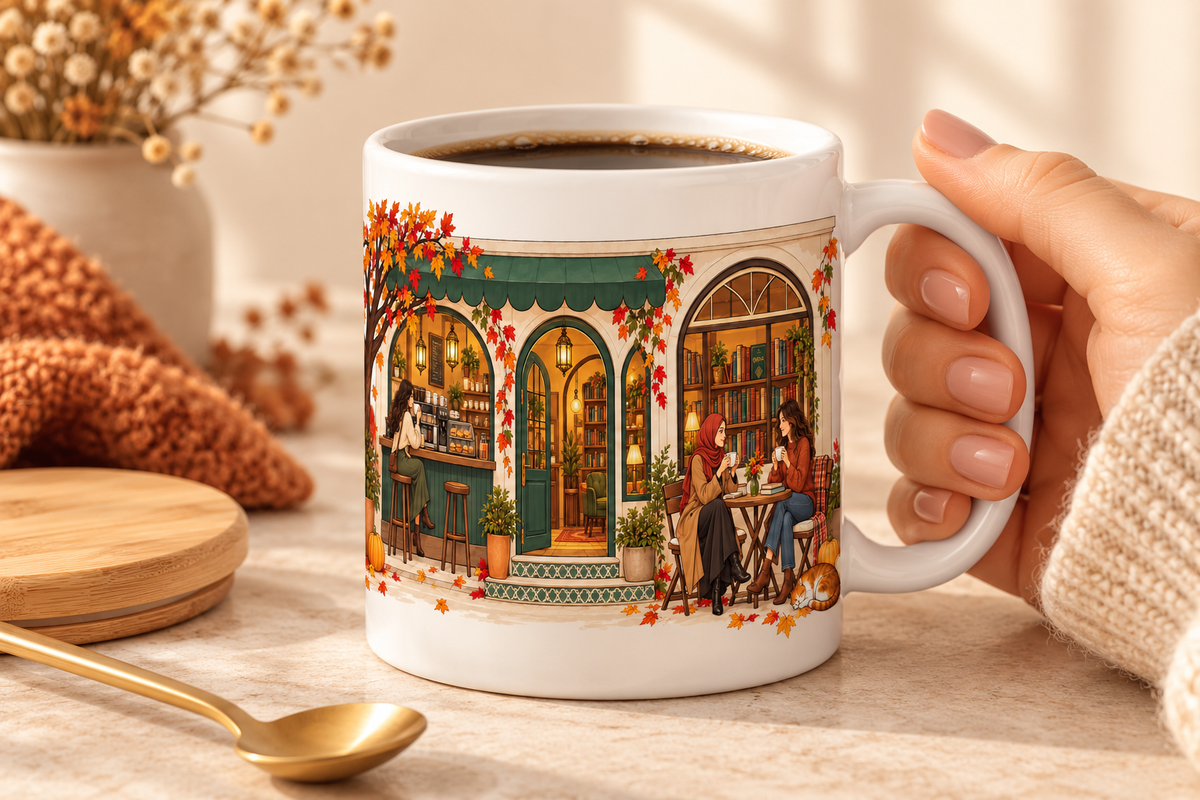 Autumn Café Mug with Lid and Gold Spoon, 11 oz Cozy Coffee Cup, Fall Book Lover Gift