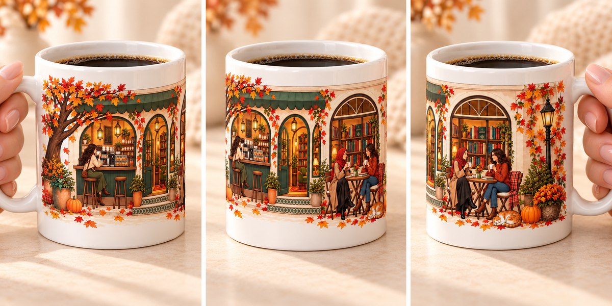 Autumn Café Mug with Lid and Gold Spoon, 11 oz Cozy Coffee Cup, Fall Book Lover Gift