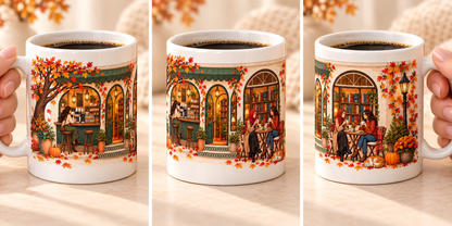 Autumn Café Mug with Lid and Gold Spoon, 11 oz Cozy Coffee Cup, Fall Book Lover Gift