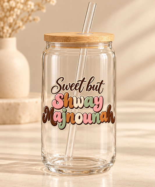 Sweet but Shway Majnounah 16 oz Glass Tumbler, Cute Arab Girl Iced Coffee Cup, Bamboo Lid and Straw