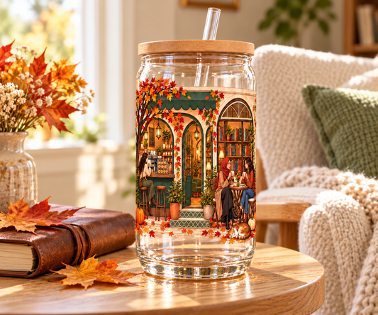 16 oz Autumn Café Glass Tumbler with Bamboo Lid and Straw, Cozy Book Lover Gift, Fall Drinkware