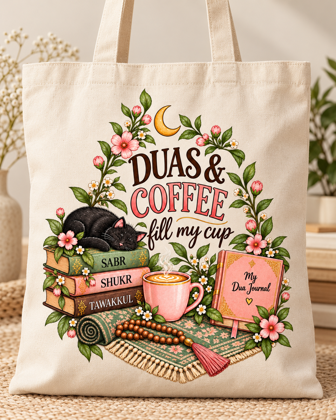 Duas and Coffee Tote Bag, Floral Islamic Bag, Muslim Gift, Cat and Book Lover Tote