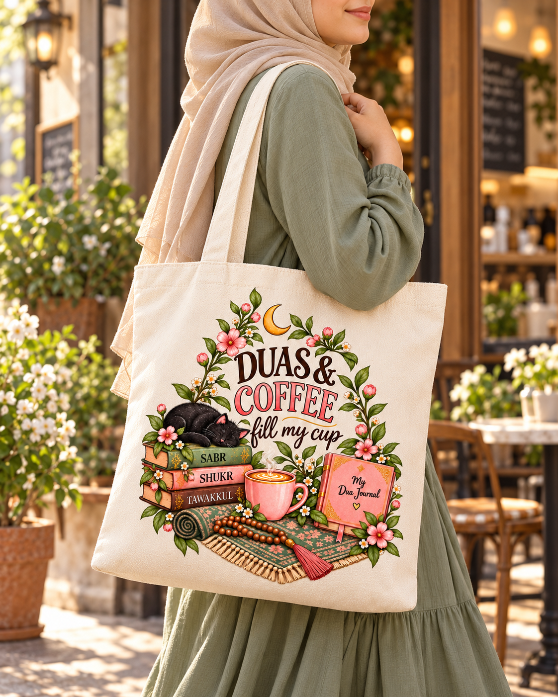 Duas and Coffee Tote Bag, Floral Islamic Bag, Muslim Gift, Cat and Book Lover Tote